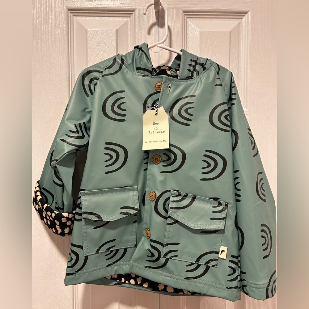 Turtledove London teal raincoat black white cheetah interior size 2-3 T
